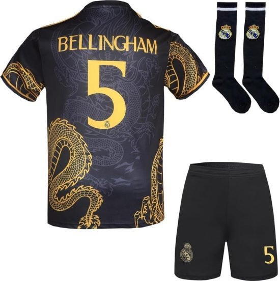 Kids Black dragon-style kit with Jude Bellingham #5 print on the back, great gift for young Bellingham fans.