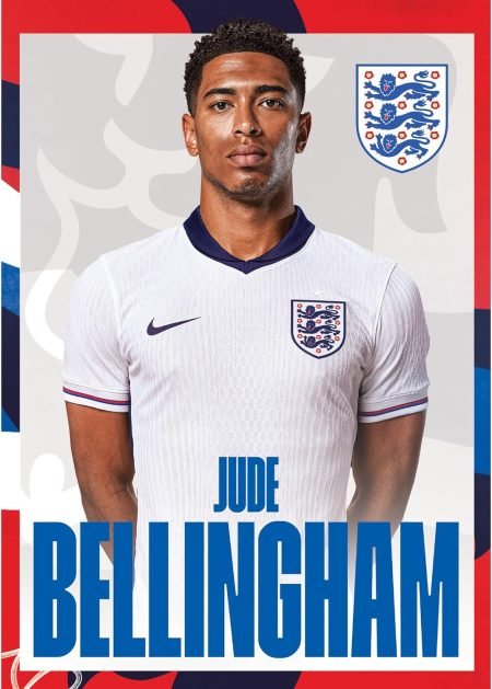 A3 poster of Jude Bellingham in England kit, perfect gift for Bellingham and England fans.