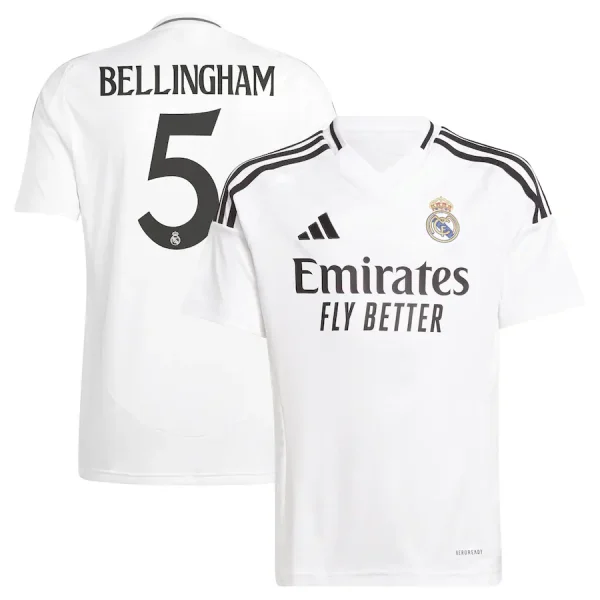 Real Madrid 2024/25 home shirt with Jude Bellingham #5 printed on the back, ideal gift for Bellingham fans.