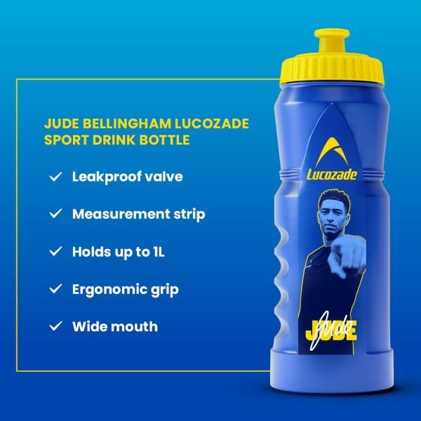 Blue and yellow Lucozade Sport water bottle with Jude Bellingham image, great gift for fans